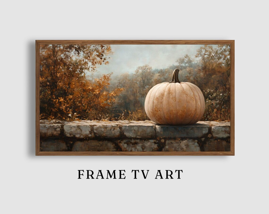 White Pumpkin on Rustic Stone Wall Autumn Forest Backdrop Still Life Art Poster