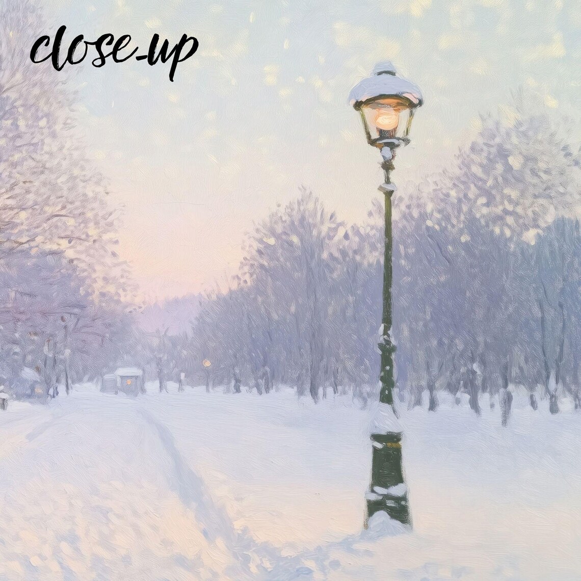 Snowy Cottage Lane with Glowing Windows and a Vintage Lamppost at Dusk Poster - Image 3