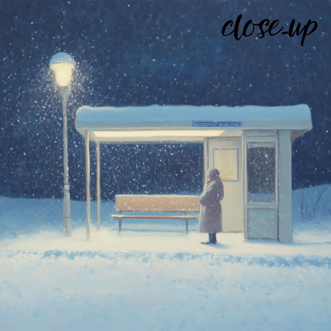 Solitary Figure Waiting at a Snowy Night Bus Stop in Warm Lamplight Poster - Image 4