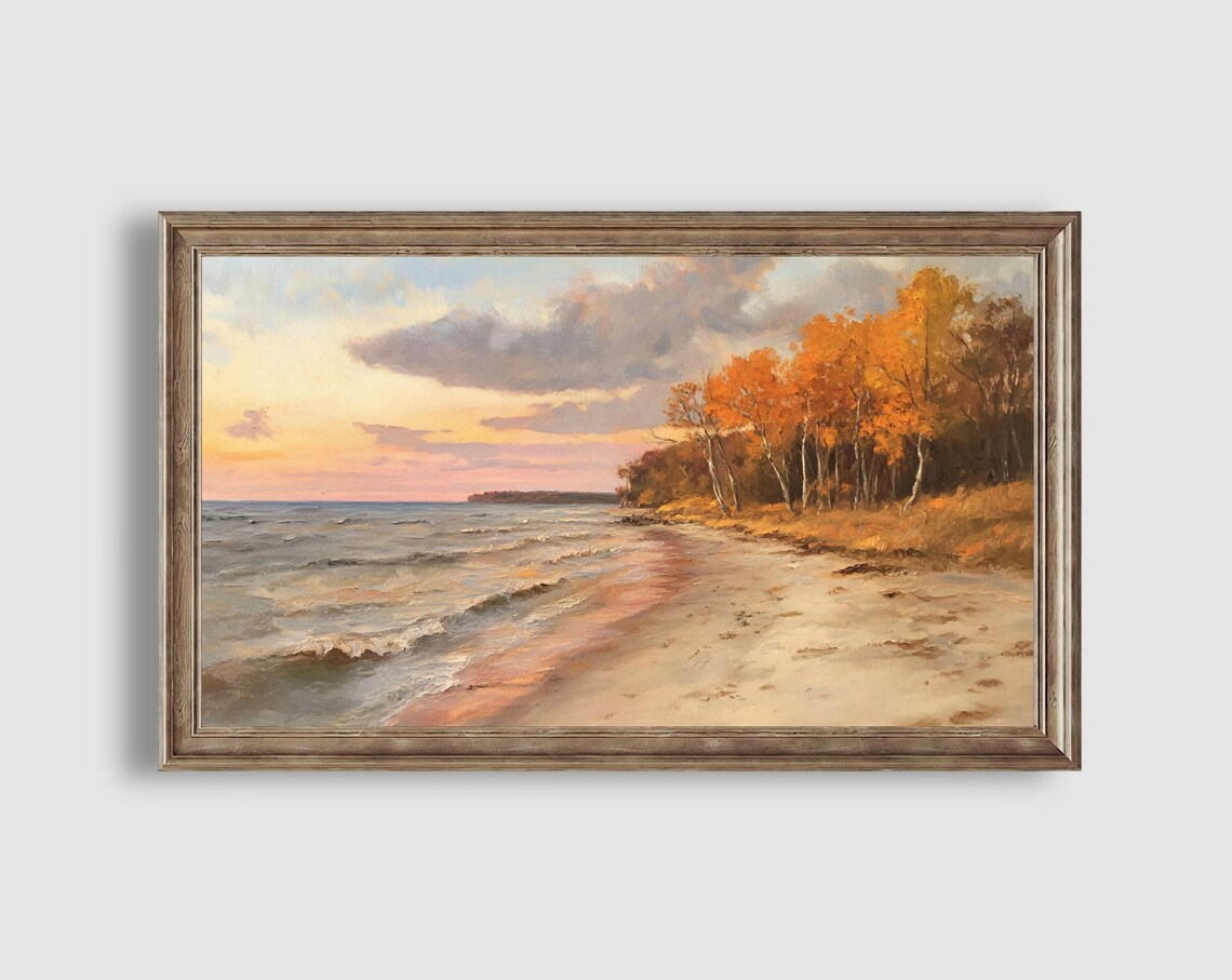 Autumn Beach Sunset with Golden Trees Coastal Landscape Painting Poster - Image 2