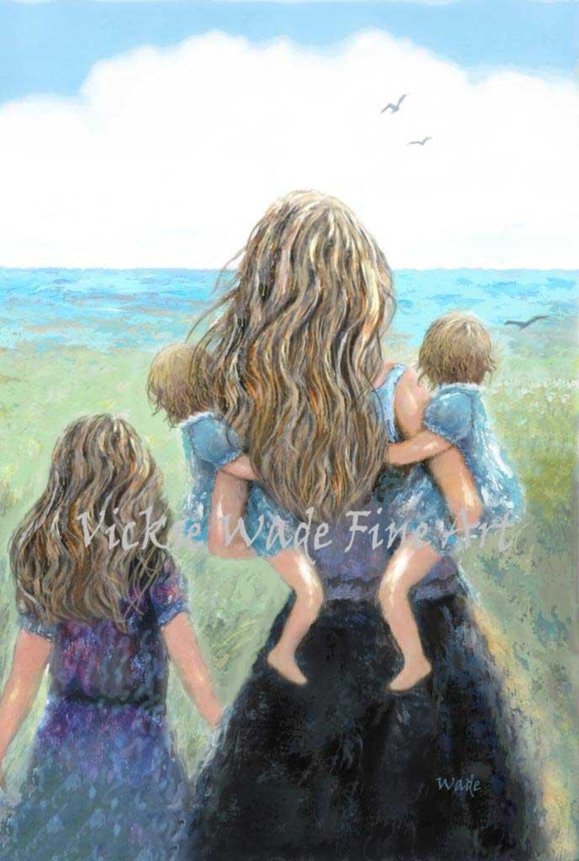 Blonde Mother Carrying Twin Toddlers on Her Hips to the Beach Poster