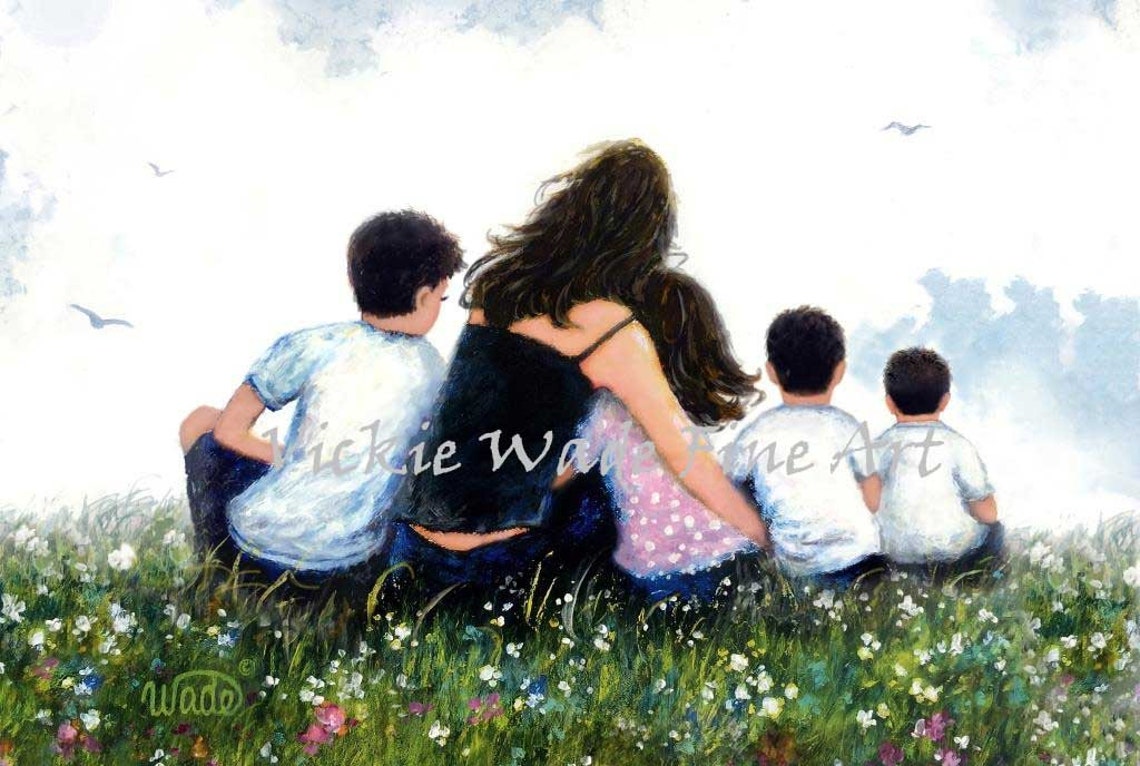 Mother With Four Children Sitting Together In A Sunny Meadow Poster