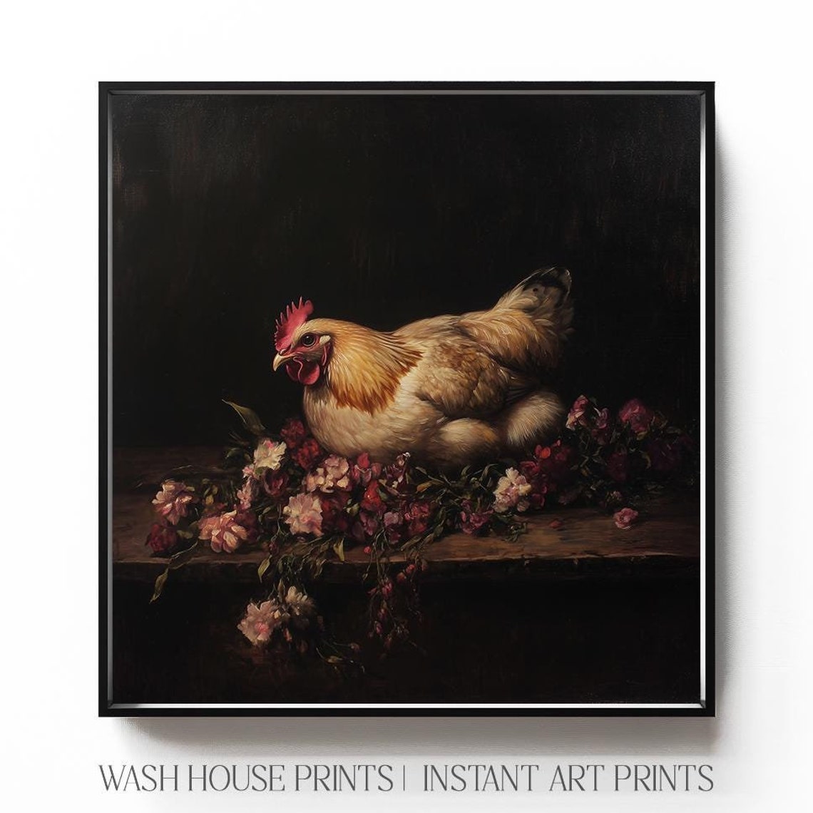 Golden Hen on a Rustic Table with Dark Red Flowers Moody Poster