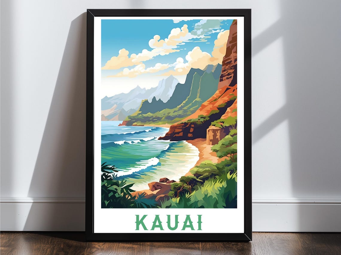 Kauai Hawaii Dramatic Sea Cliffs Beach Waves Vintage Travel Poster