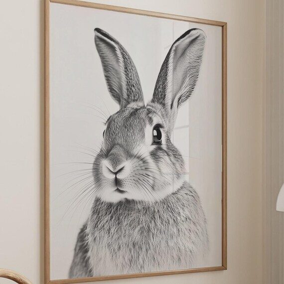 Black and White Rabbit Portrait Front View Bunny Photography Poster