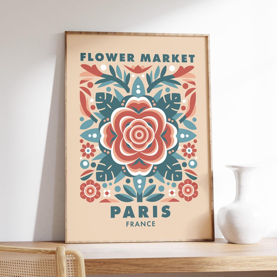 Paris Flower Market Print Folk Illustration Neutral Wall Art Rose Illustration French Flower Market Sign France Travel Poster Home Decor