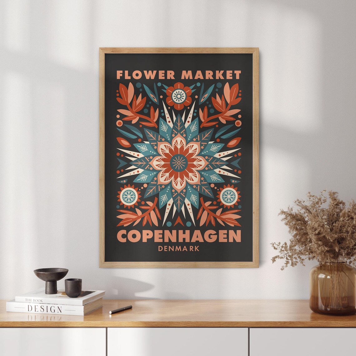 Flower Market Copenhagen Denmark Folk Floral Dark Boho Art Poster - Image 3