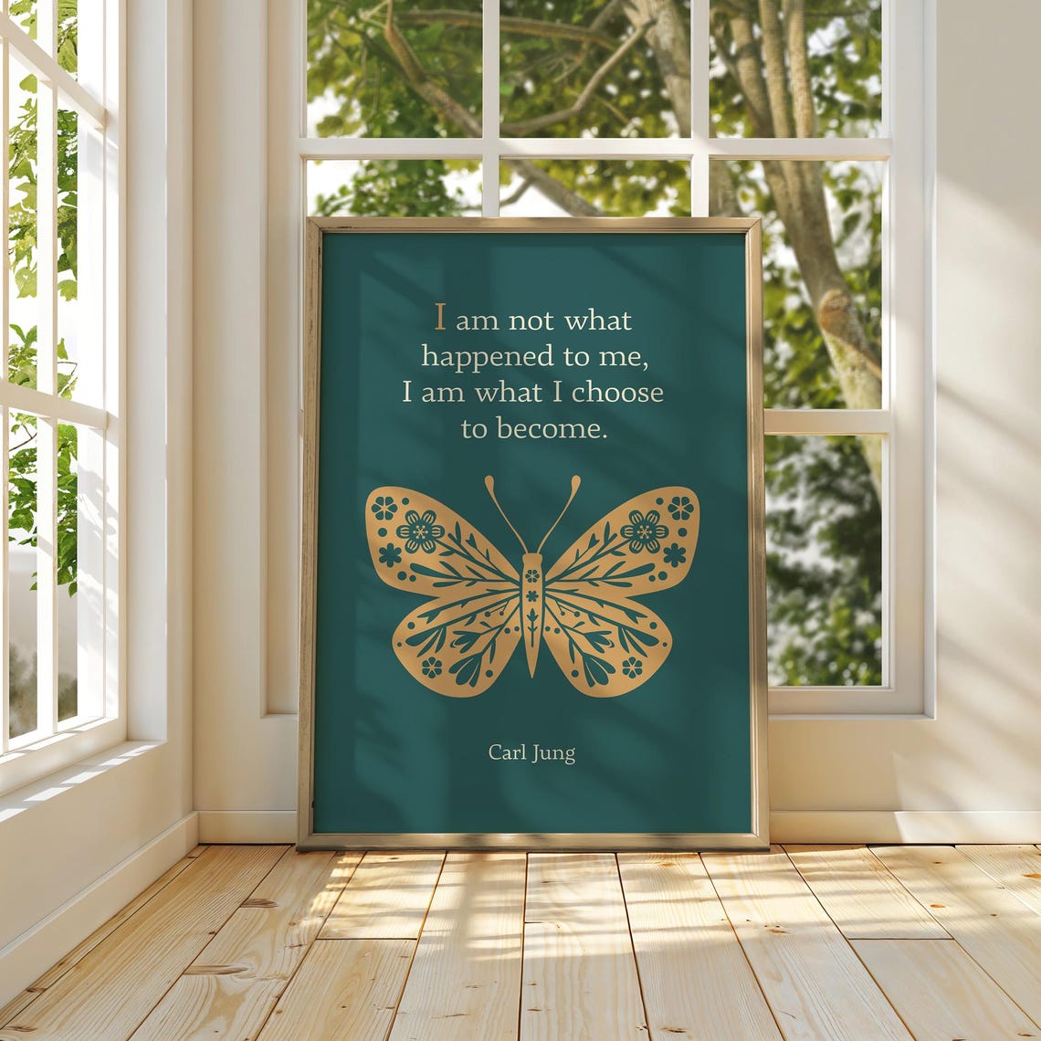 Carl Jung Become Quote Gold Butterfly Teal Therapy Office Art Poster - Image 3