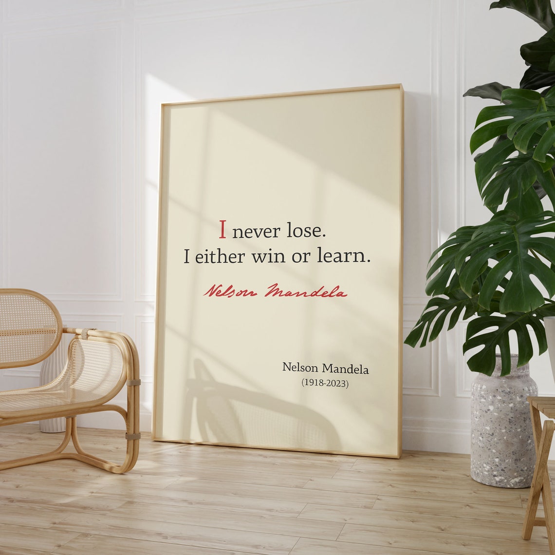 Nelson Mandela Win Or Learn Motivational Quote Minimalist Cream Poster - Image 3