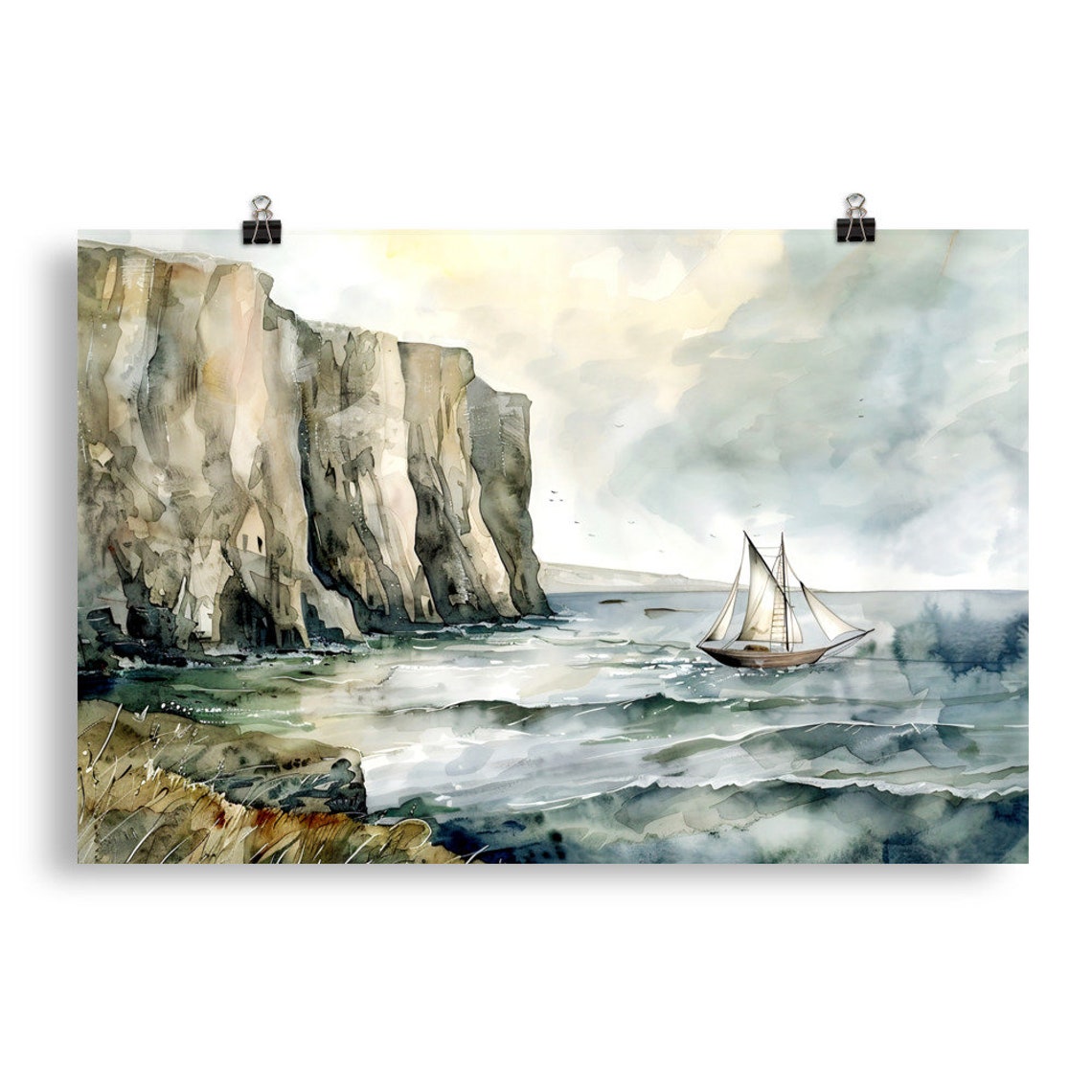 Sailboat Sailing Past Tall Pale Cliffs Watercolor Nautical Poster - Image 5