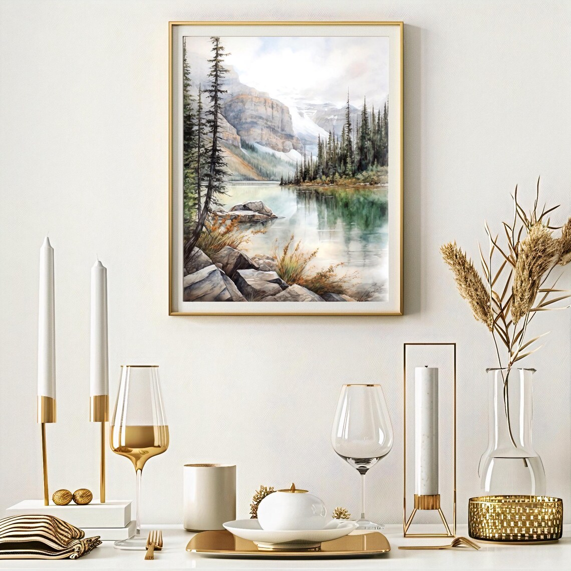 Banff National Park Rocky Lake Pine Shore Watercolor Mountain Poster - Image 5