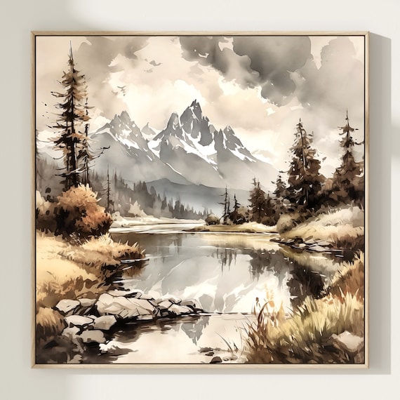Sepia Mountain Lake Misty Peaks Vintage Tone Watercolor Poster