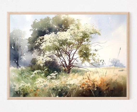 Summer Country Landscape Painting Trees Large Wall Art Print Watercolor Artwork Home Decor Gift Art