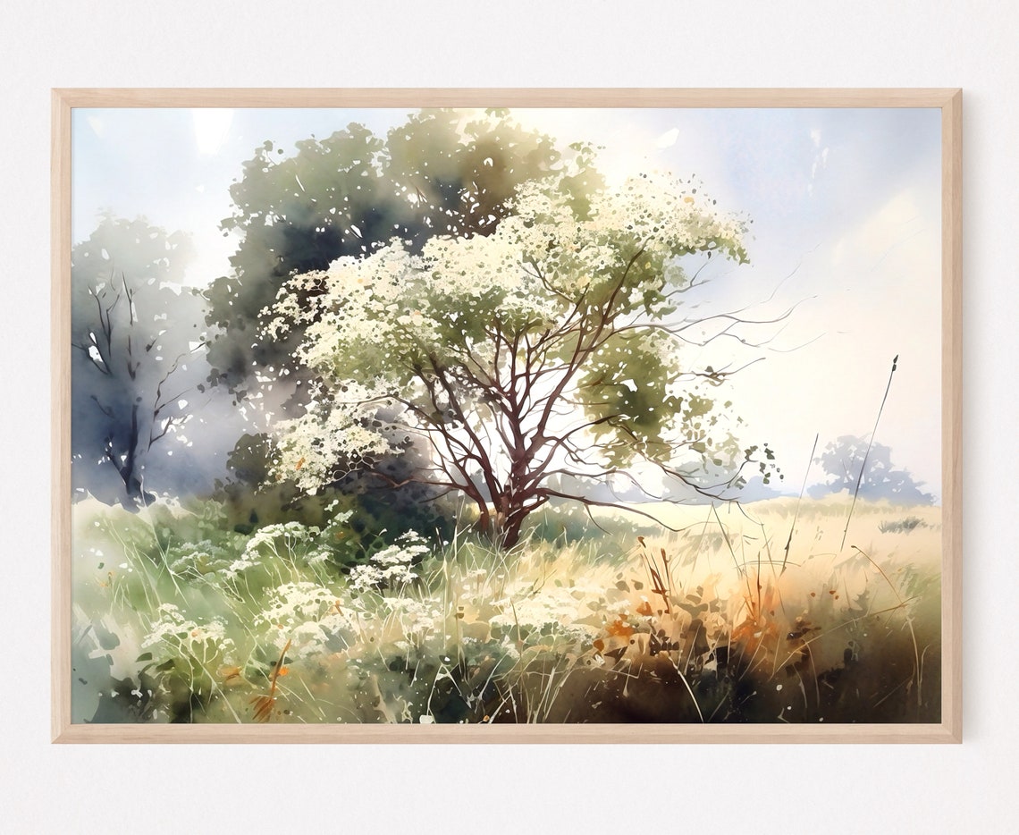 Blossoming Tree Watercolor Meadow with White Flowers and Grass Print