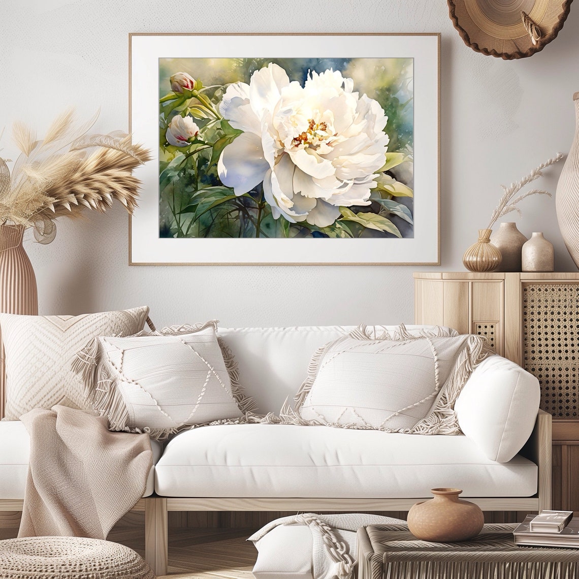 White Peony Blossom Close Up Botanical Watercolor Floral Art Print - Image 2