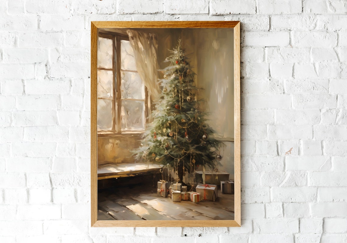 Sunlit Christmas Tree by Window with Sheer Curtain Oil Painting Poster - Image 2