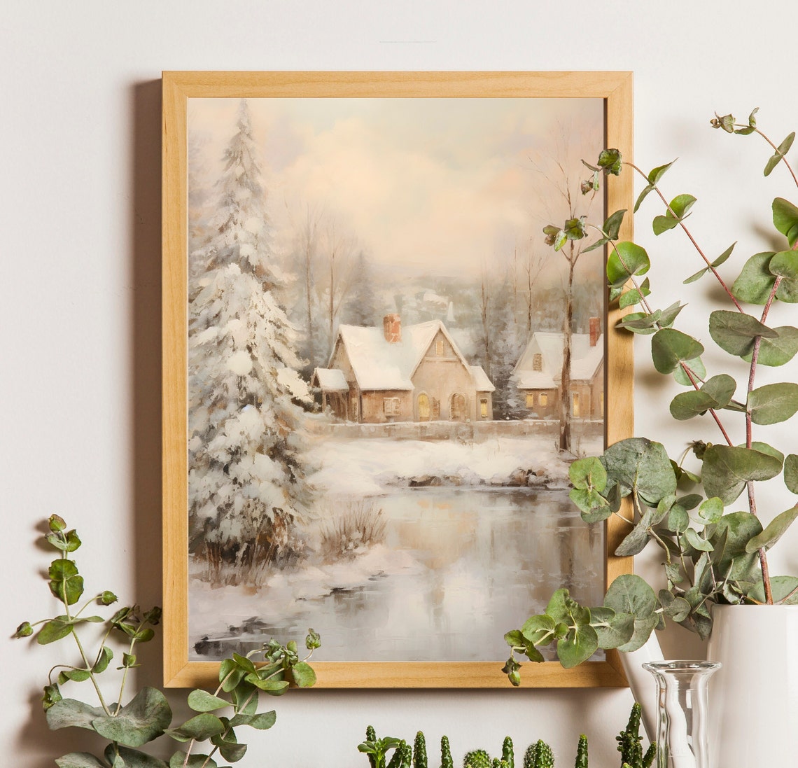 Snowy Cabins by a Frozen Pond with Tall Pines Winter Scene Poster