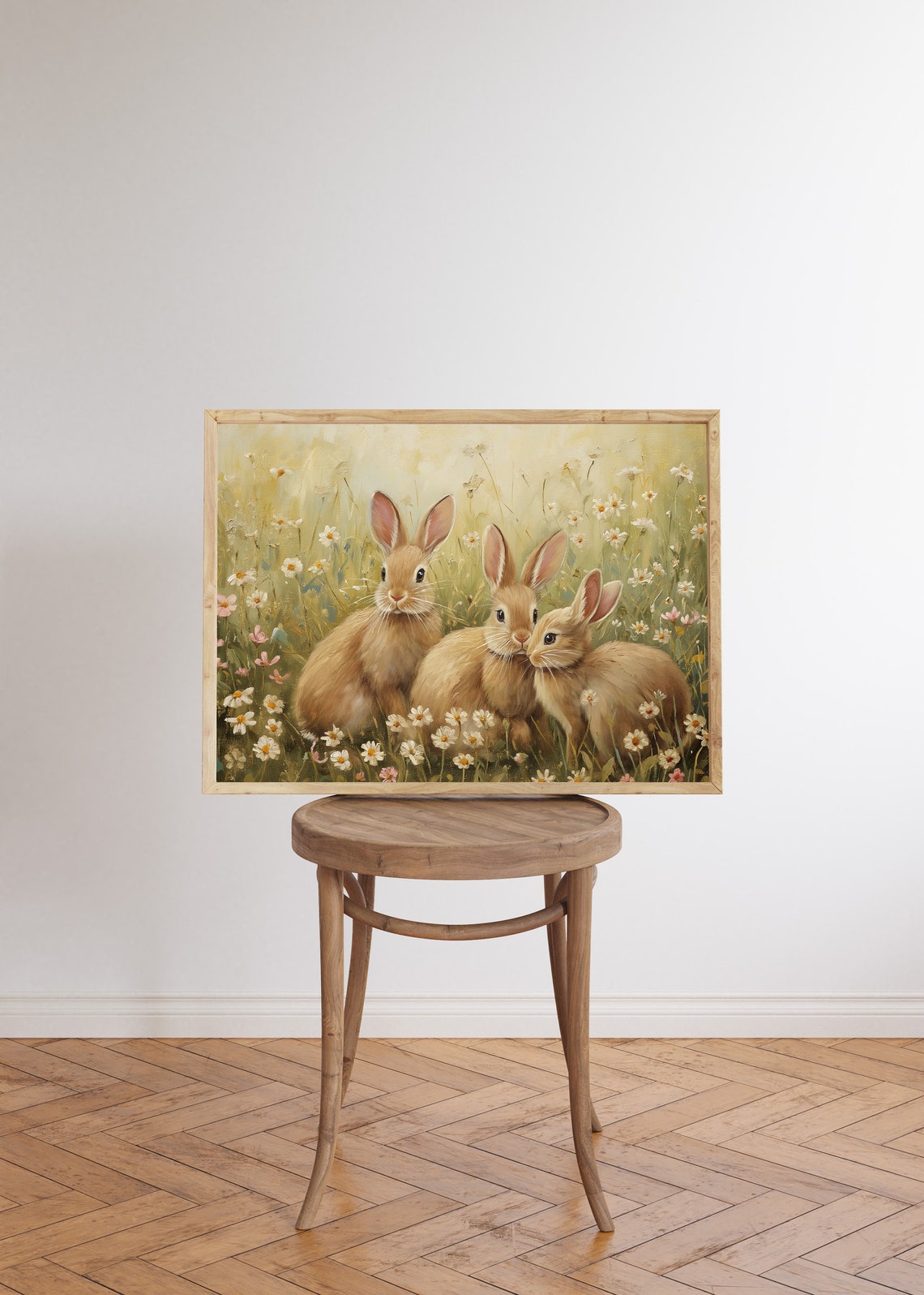 Three Tan Rabbits in a Sunny Daisy Meadow Spring Easter Wall Art - Image 5
