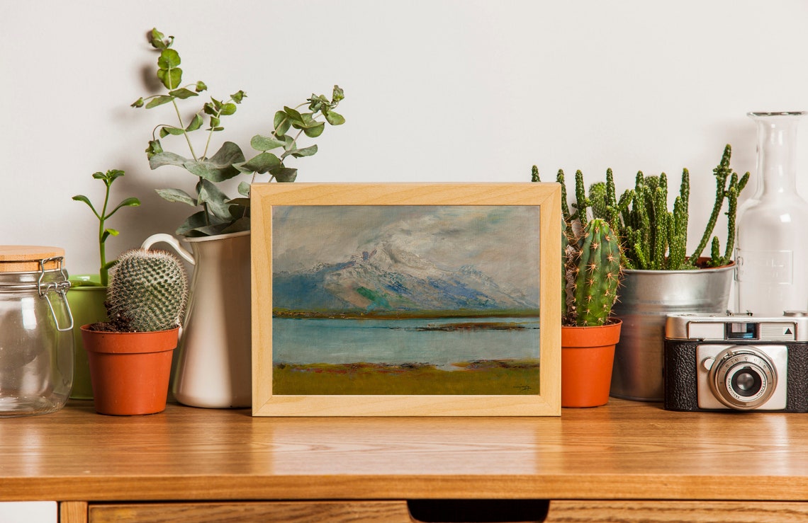 Snow Dusted Misty Mountain Peaks Over Calm Lake Painting Poster - Image 2