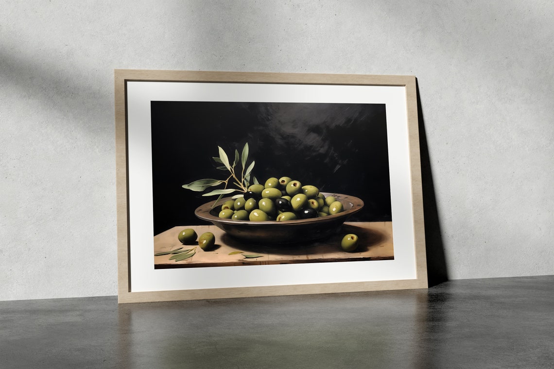 Green Olives in a Rustic Metal Bowl Moody Dark Kitchen Wall Art - Image 3