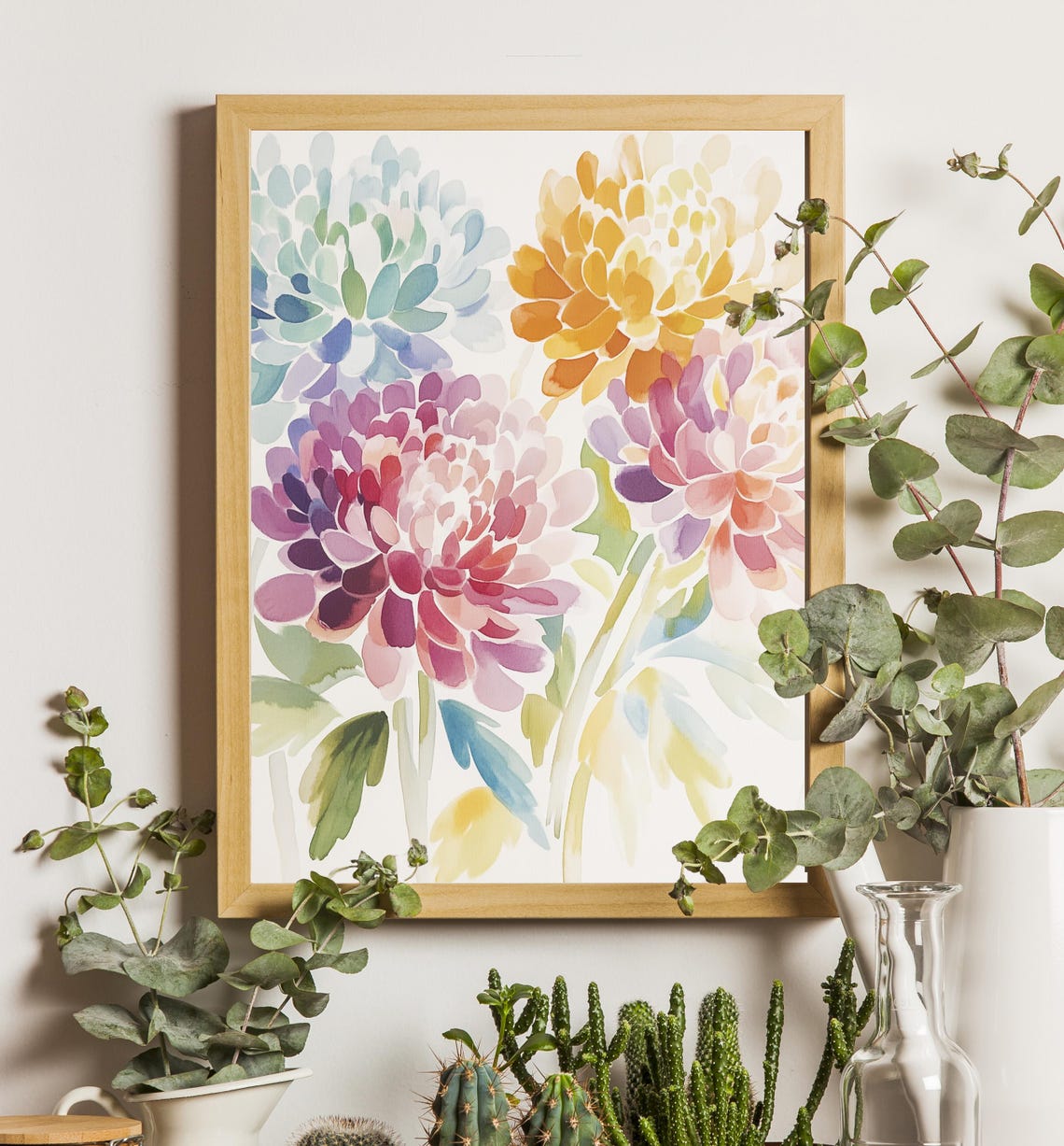 Soft Watercolor Chrysanthemum Trio Pink Purple Teal Home Decor Poster - Image 2