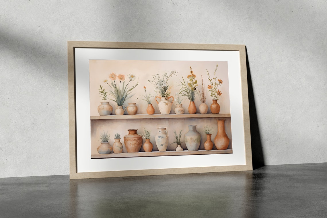 Terracotta Vases with Wildflowers on a Rustic Shelf Farmhouse Wall Art - Image 3