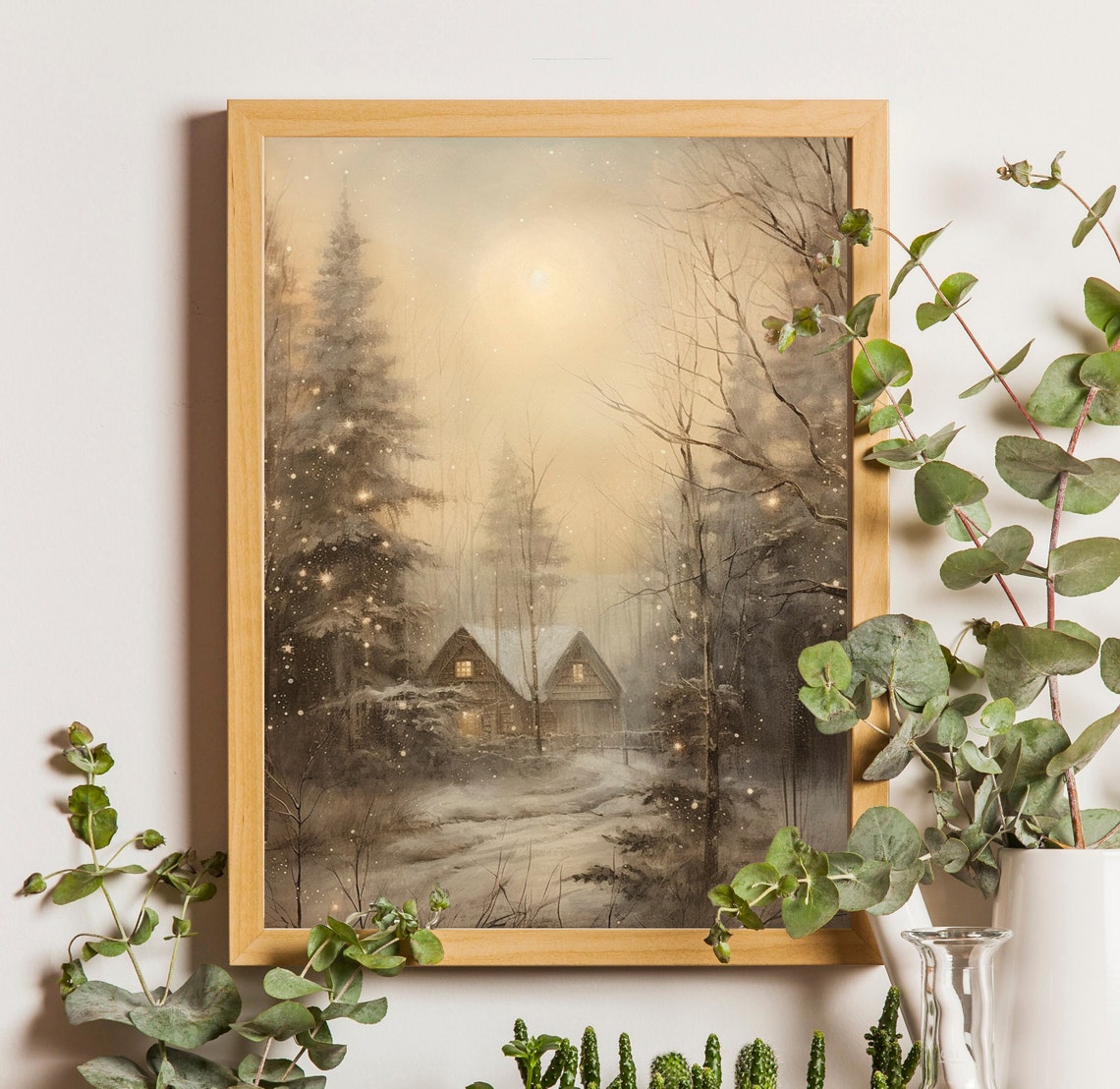 Snowy Forest Cabin with Glowing Windows under Winter Moon Poster