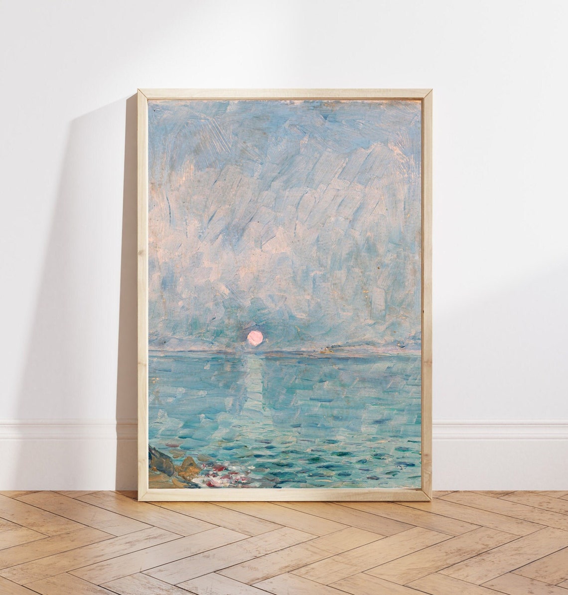 Moonrise Over Calm Sea Blue Impressionist Seascape Painting Poster