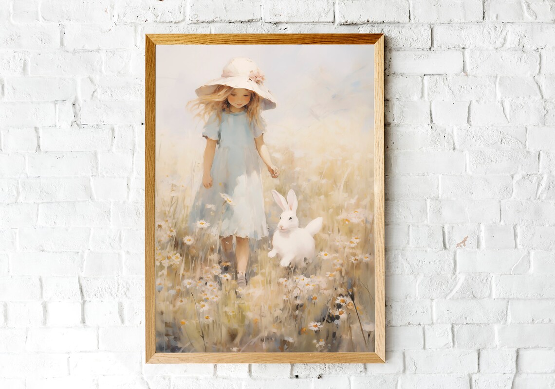 Girl in Blue Dress with White Bunny in a Daisy Meadow Wall Art - Image 2