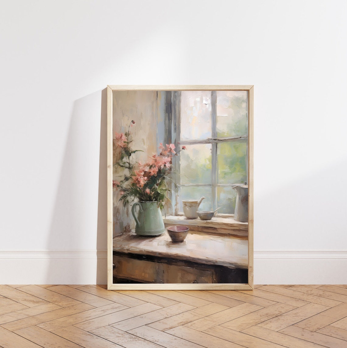 Flowers By The Window Neutral Still Life Painting Pink Flowers Vase Art Moody Floral Print Pink Flowers Still Life Print Art - Image 5