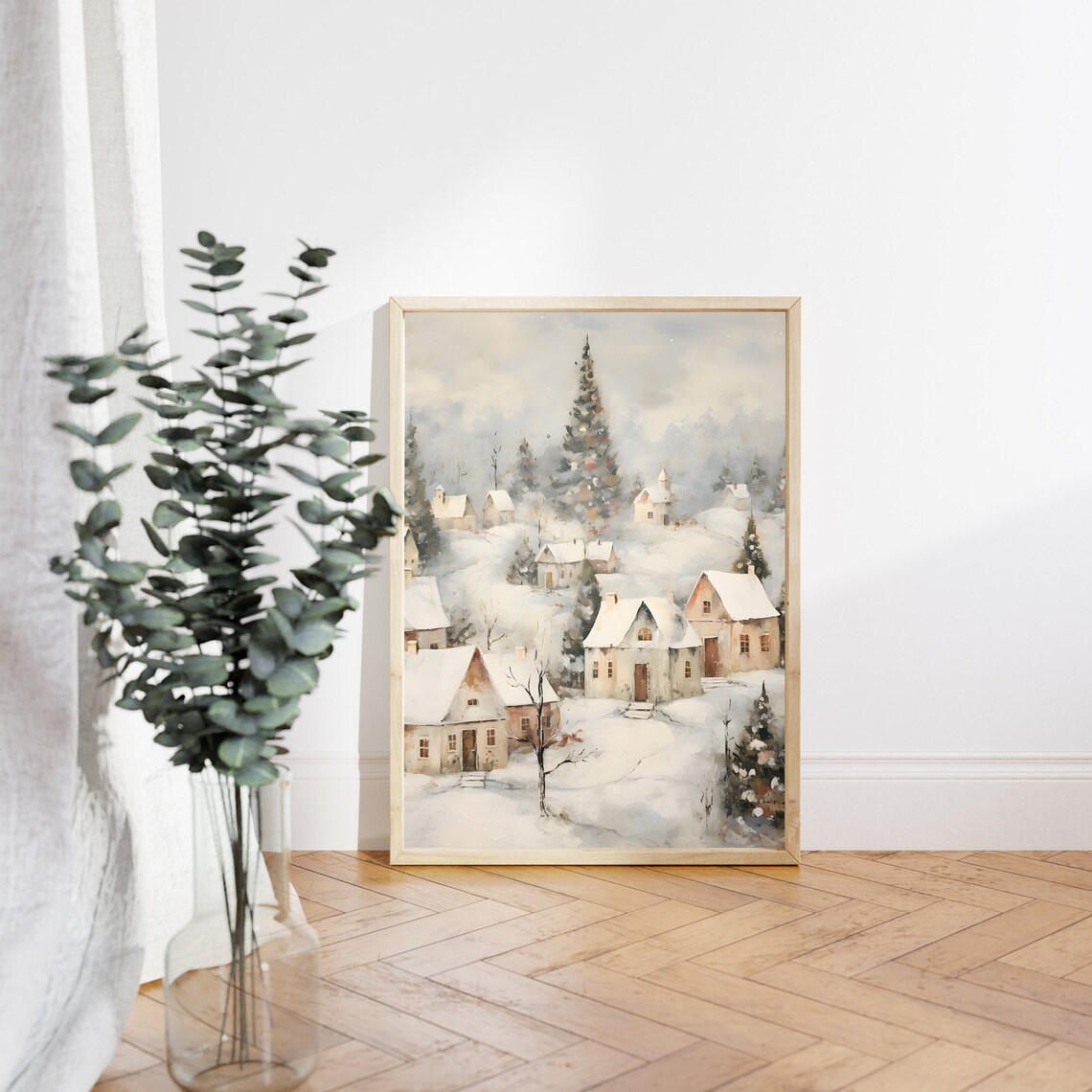 Vintage Winter Village Painting, Moody Winter Landscape - Image 3