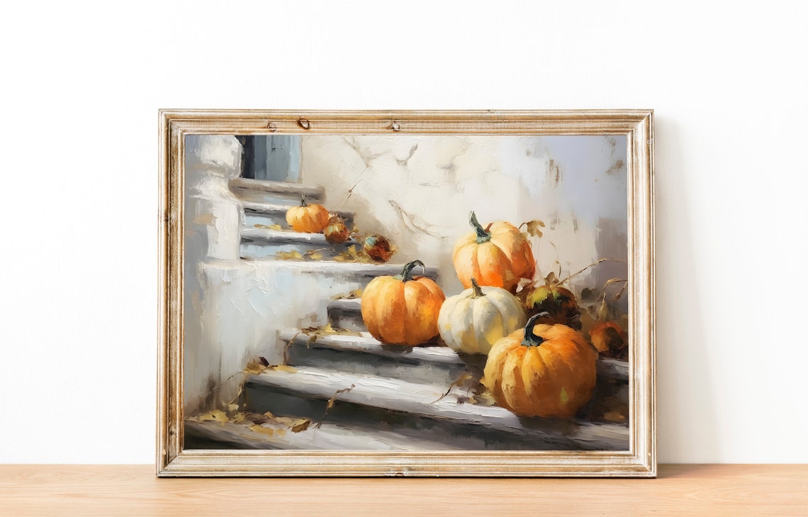 Golden Pumpkins on White Stairs Fall Harvest Painting Poster - Image 4