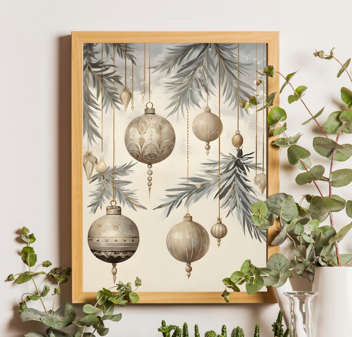 Champagne Baubles Hanging with Frosted Pine Branches Holiday Poster
