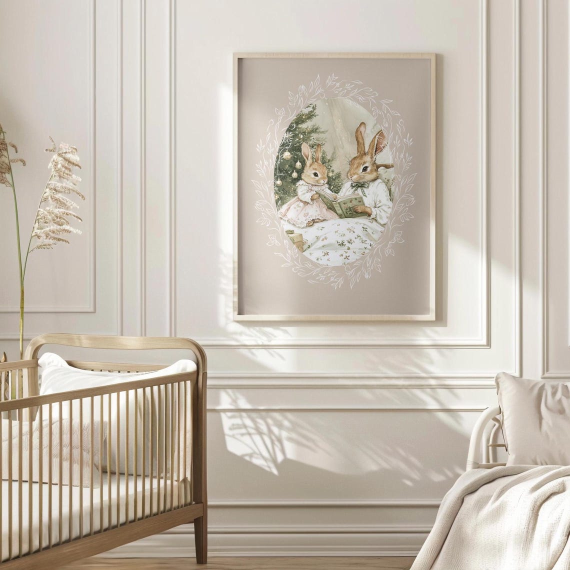 Two Bunnies Reading a Book Together in Bed by Christmas Tree Poster - Image 2