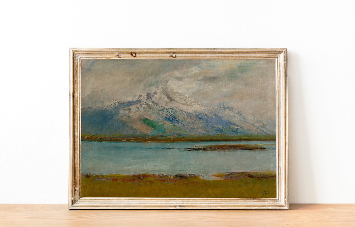 Snow Dusted Misty Mountain Peaks Over Calm Lake Painting Poster - Image 3