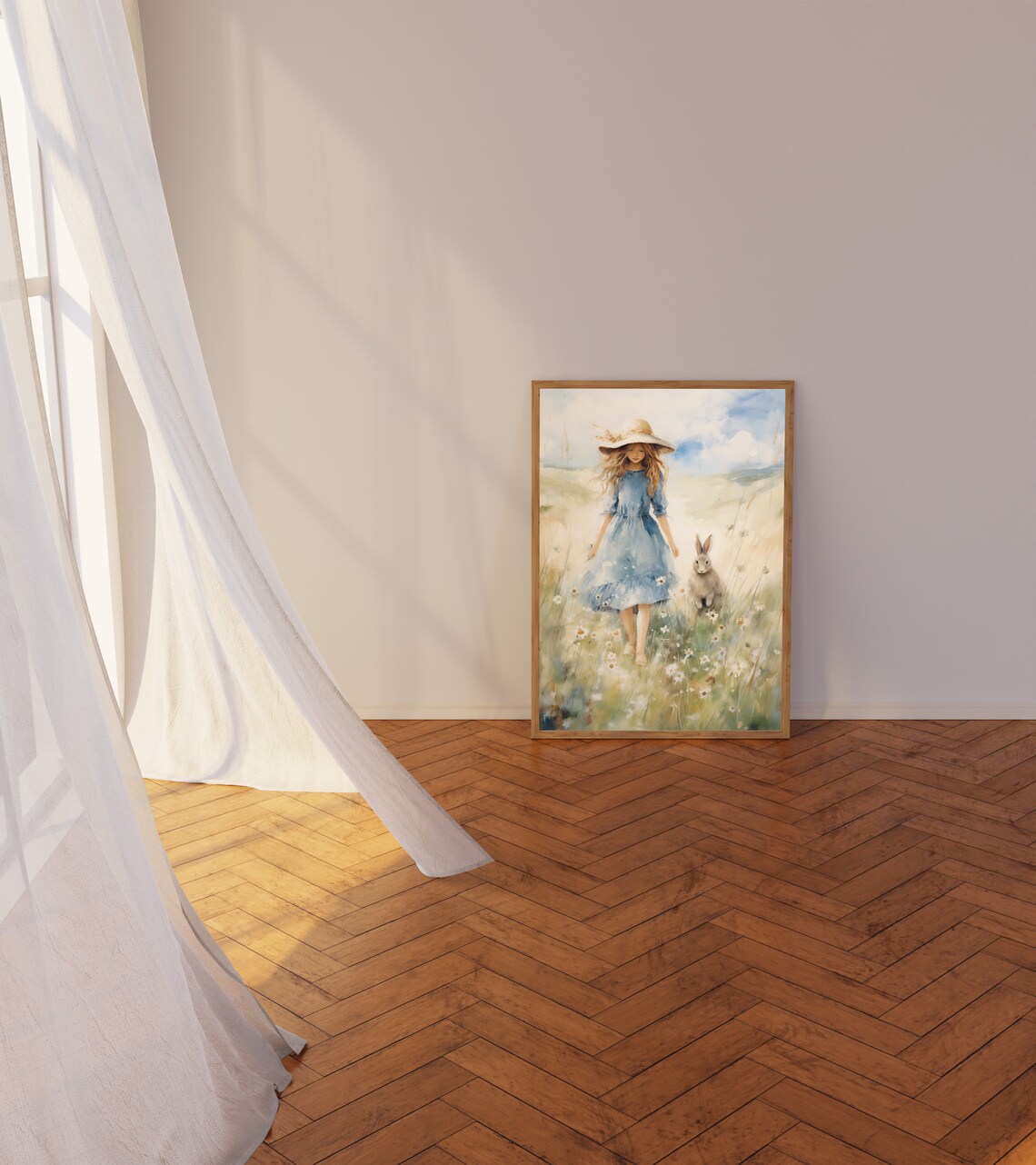 Girl in a Meadow with a Grey Bunny Summer Watercolor Wall Art - Image 3