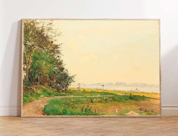 Antique Lakeside Trees Path Impressionist Landscape Painting Poster