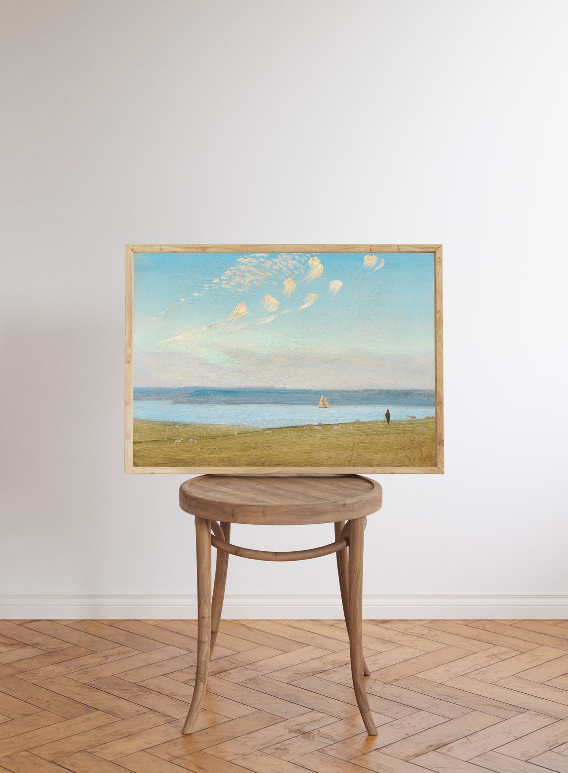 Sheep Pasture Sloping To Blue Lake Sailboat Pastoral Painting Poster - Image 6