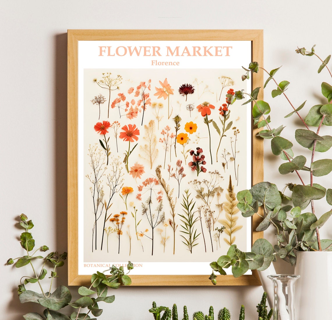 Florence Flower Market Coral Pressed Wildflower Botanical Art Poster