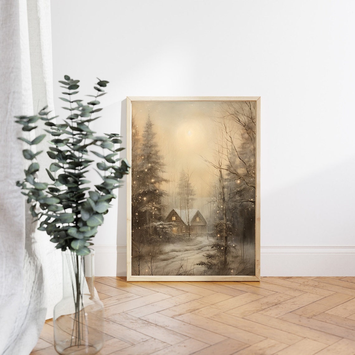 Snowy Forest Cabin with Glowing Windows under Winter Moon Poster - Image 4