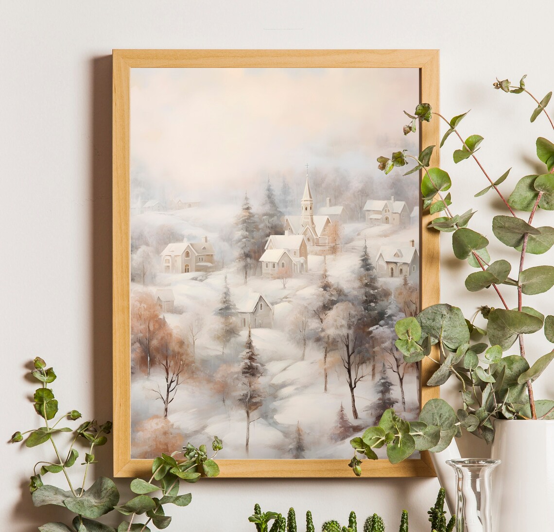 Vintage Winter Village Painting, Country Winter Scene