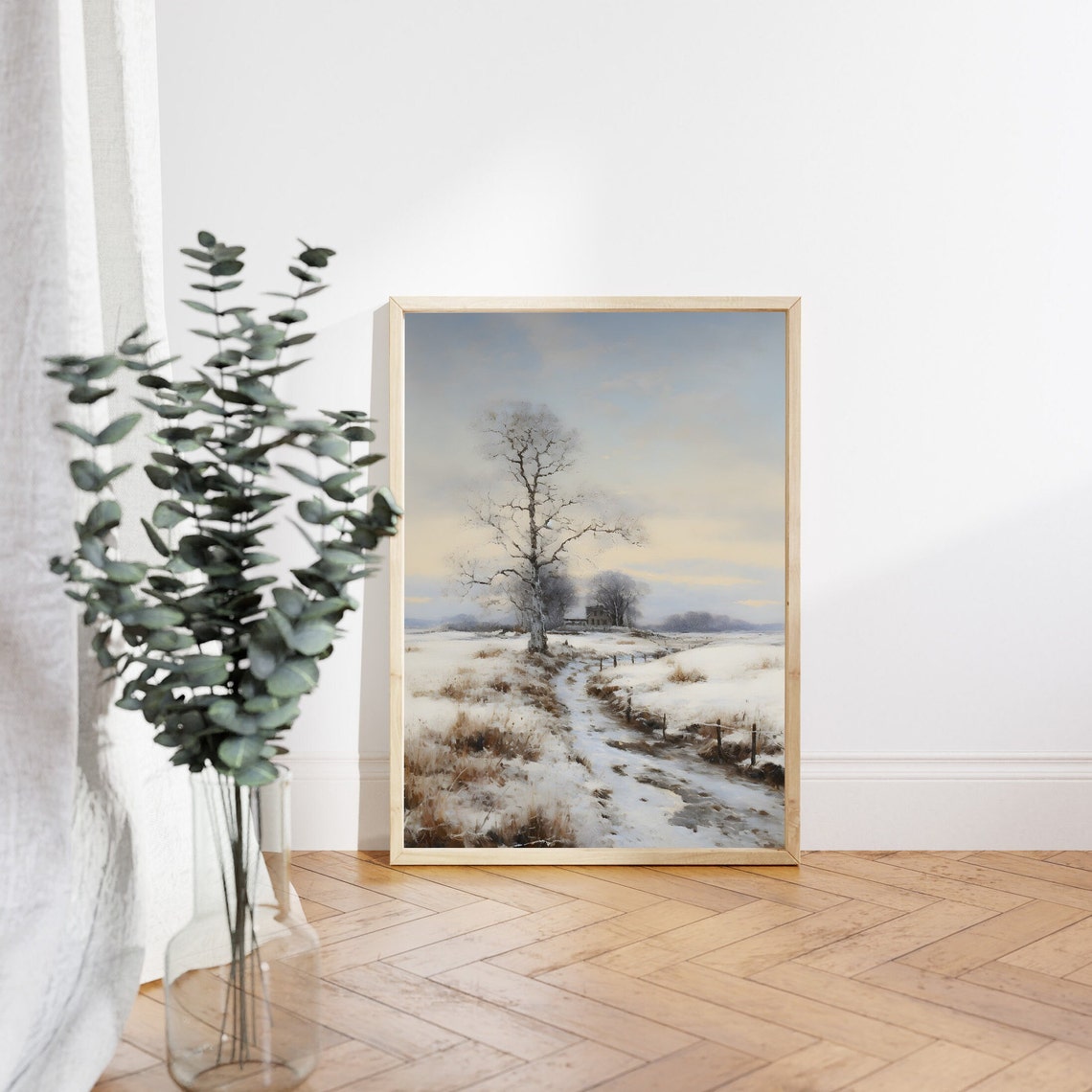 Lone Tree in Snowy Field with Frozen Stream and Farmhouse Poster - Image 3