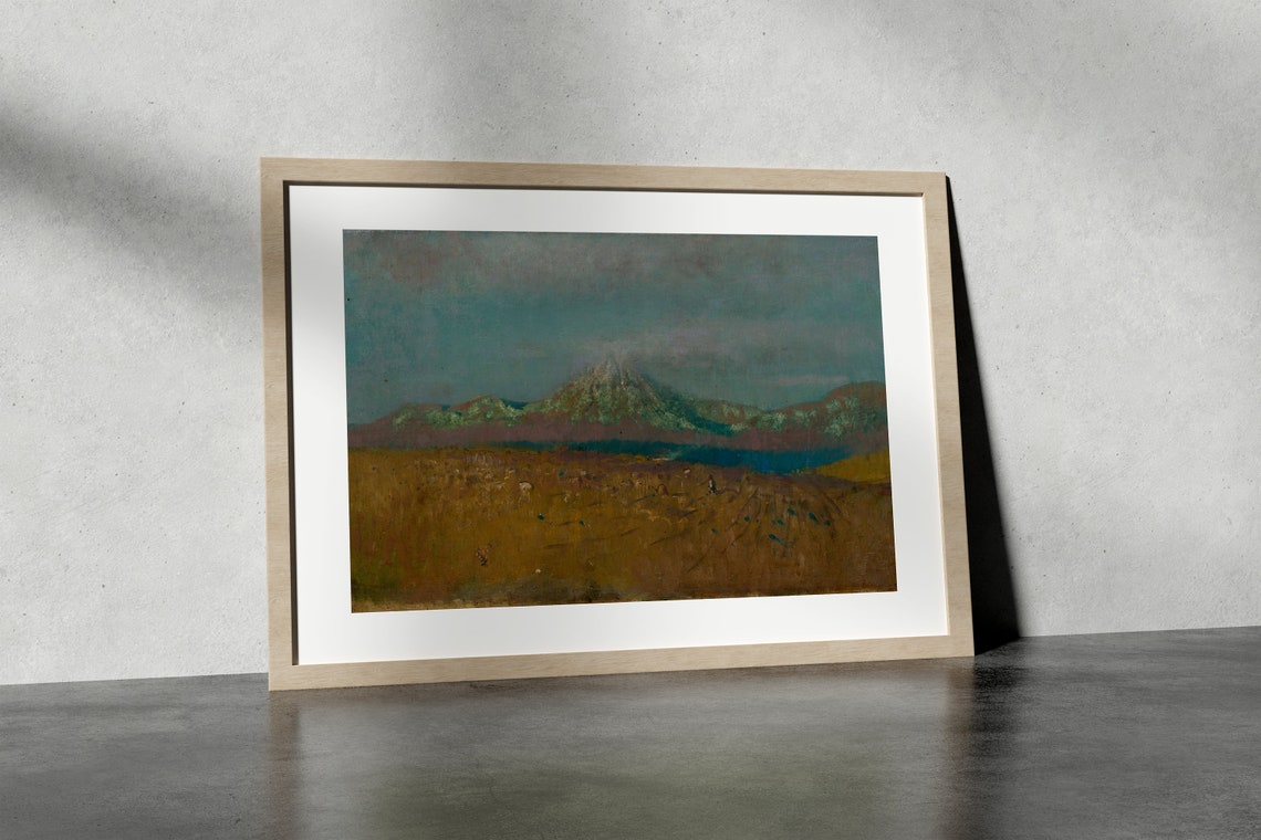 Muted Dark Mountain Over Golden Field Antique Tonal Painting Poster - Image 6