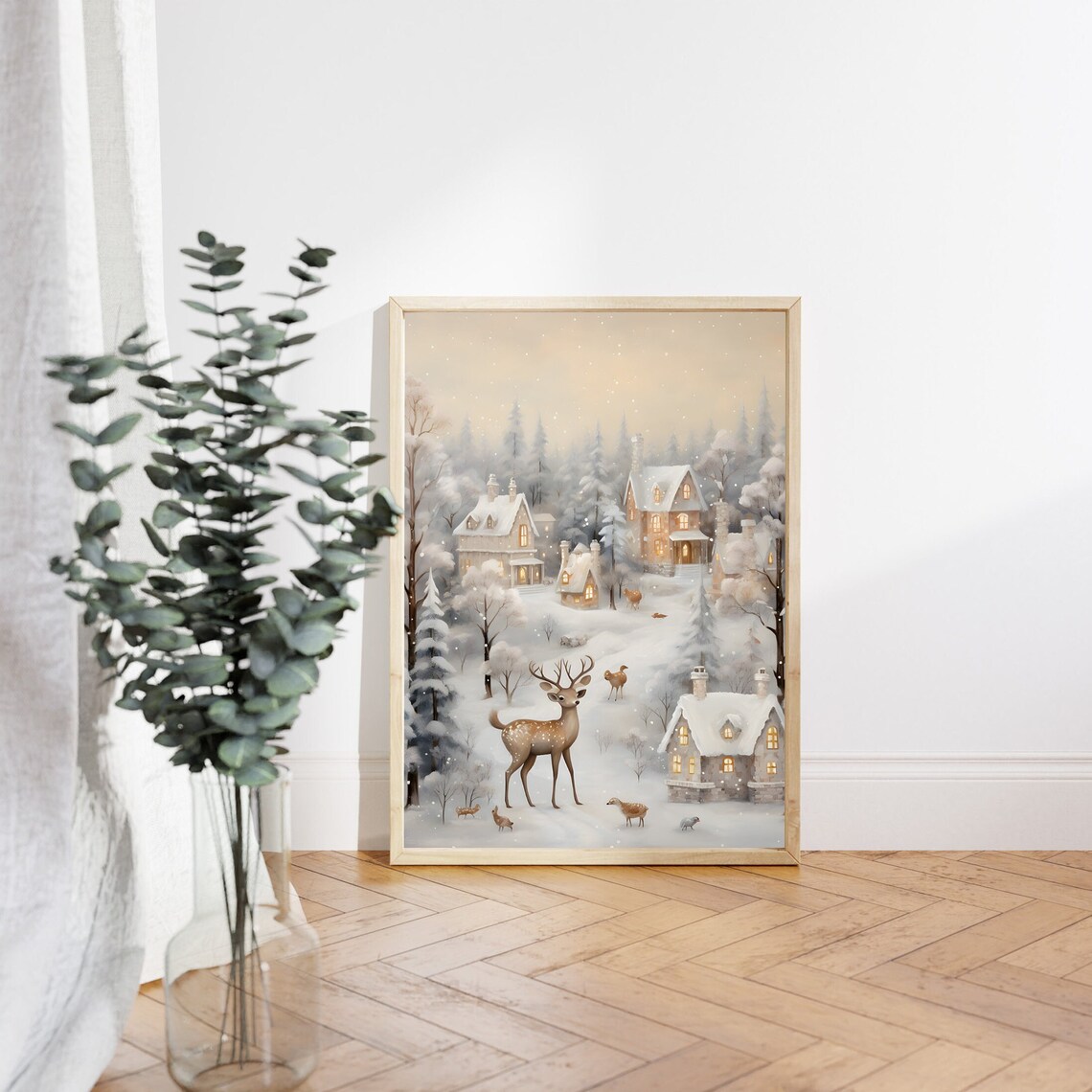 Deer and Fawns in Snowy Village at Dusk with Glowing Cottages Poster - Image 4