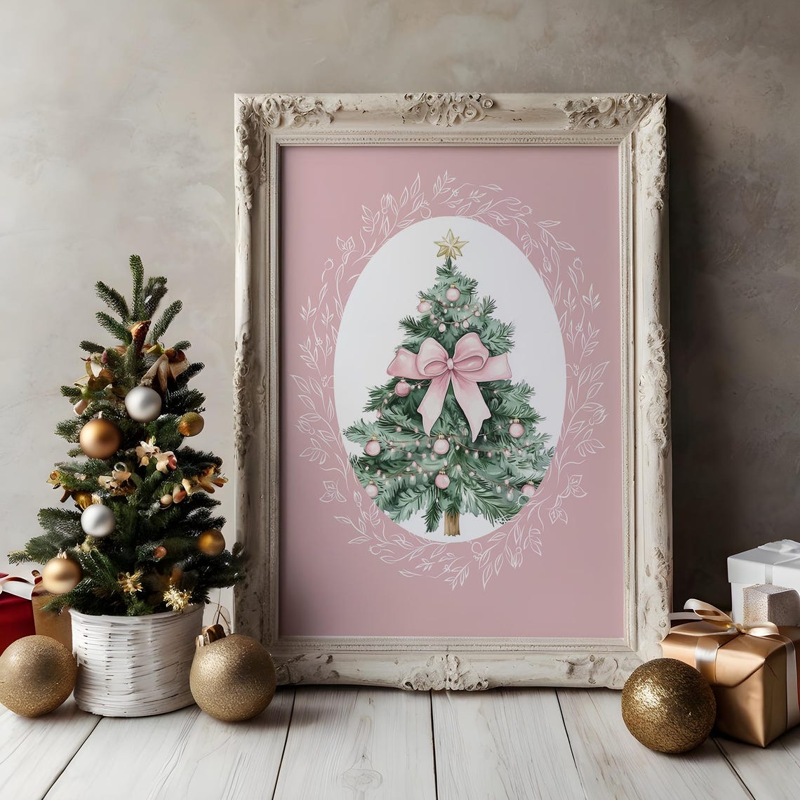 Pink Christmas Tree with Big Bow and Gold Star in Oval Frame Poster - Image 6