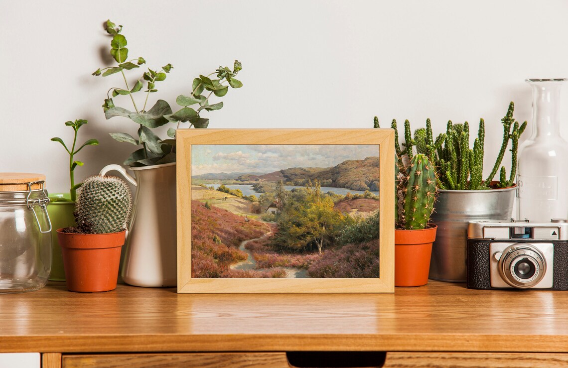 Rustic Lake Landscape Painting Antique Cottage Autumn Hills Art Poster - Image 2