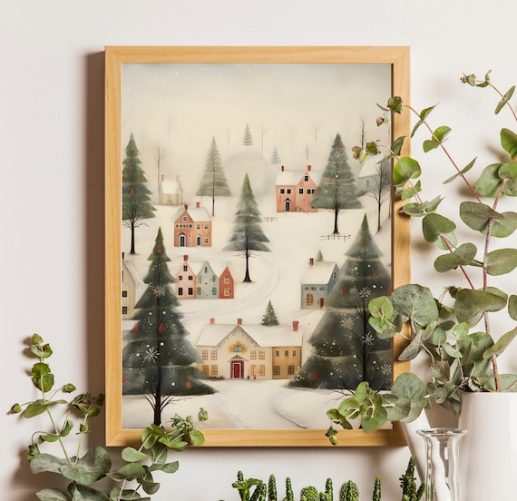 Winter Village Painting, Country Winter Wall Art Print