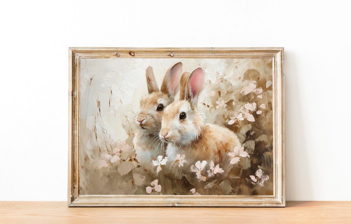 Two Tan Rabbits in White Wildflowers in a Spring Meadow Wall Art - Image 2