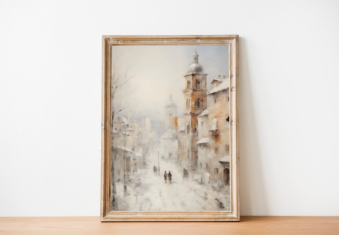 Snowy Old Town Street with Church Towers in Soft Winter Oil Poster - Image 2