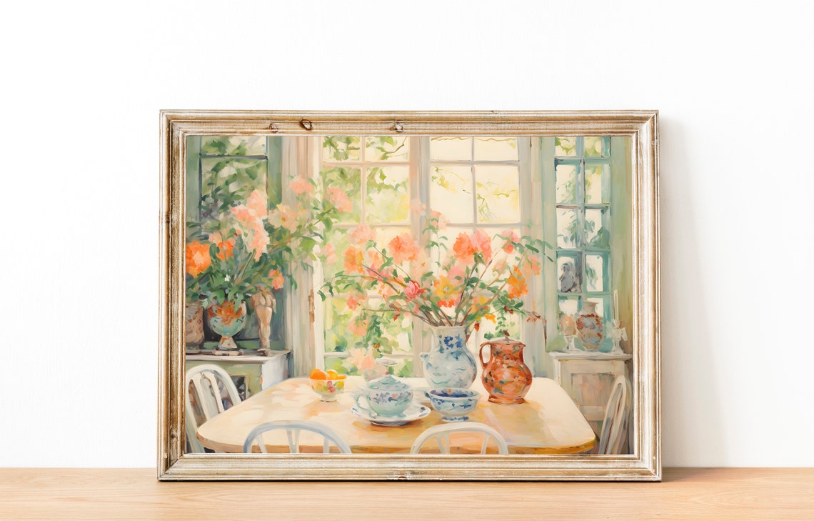 Sunlit Dining Room with Flowers and Teapot Impressionist Wall Art - Image 2